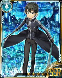  1boy bad_source black_eyes black_hair black_pants blue_long_sword card_(medium) dual_wielding holding holding_sword holding_weapon kirito kirito_(sao-alo) long_sword_(sao) looking_at_viewer male_focus official_art pants pointy_ears smile solo star_(symbol) sword sword_art_online sword_art_online:_code_register weapon 