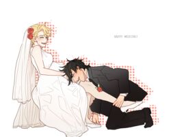  1boy 60_(klioo1) bare_shoulders black_hair blonde_hair bridal_veil bride commentary_request couple dress female formal husband_and_wife jojo_no_kimyou_na_bouken joseph_joestar joseph_joestar_(young) mouth_pull straight suit suzi_q thighhighs veil wedding_dress 