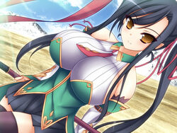  bad_id bad_pixiv_id bare_shoulders black_hair black_thighhighs blush breasts detached_sleeves female huge_breasts kan&#039;u_(koihime_musou) koihime_musou long_hair mikan_(5555) polearm ponytail skirt smile solo thighhighs weapon 