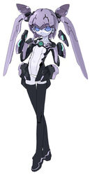  android black_thighhighs blue_eyes dithering empty_eyes expressionless female flat_chest hands_on_own_chest lowleg lowleg_panties navel no_pupils panties phantasy_star phantasy_star_online racaseal shimada_fumikane simple_background solo standing thighhighs twintails underwear white_background white_panties 