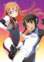  2girls :d ally_connolly black_hair blue_eyes blush bob_cut bodysuit breasts chiara_ferina clenched_hand commentary_request dark-skinned_female dark_skin ear_covers element_hunters floating_hair gloves gradient_background hand_up kuroo_(project_apricot) long_hair looking_at_viewer multiple_girls open_mouth orange_hair outline periodic_table photoshop_(medium) purple_eyes raglan_sleeves short_hair short_hair_with_long_locks sidelocks small_breasts smile 