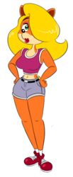  activision anthro bandicoot blonde_hair bottomwear clothing crash_(series) female green_eyes hair lipstick makeup mammal marsupial shorts simple_background solo tawna_bandicoot timoteihiv white_background wide_hips 