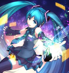  aqua_eyes aqua_hair bad_id bad_pixiv_id beamed_sixteenth_notes detached_sleeves eighth_note female hatsune_miku headphones kururi_(oekaki_nikki) long_hair musical_note nail_polish necktie outstretched_arms quarter_note sixteenth_note skirt solo spread_arms thighhighs treble_clef twintails very_long_hair vocaloid 