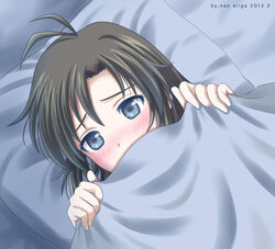  ahoge antenna_hair ariga_nao black_hair blanket blue_eyes blush commentary_request covering_own_mouth female idolmaster idolmaster_(classic) kikuchi_makoto looking_at_viewer lying on_back photoshop_(medium) pillow under_covers 