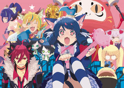  4girls 6+boys ;) animal_ears arisugawa_maple bell bishounen black_hair black_necktie blonde_hair bow cat_ears cat_girl cat_tail cellphone choker commentary_request crow_(show_by_rock!!) curly_hair cyan_(show_by_rock!!) darudayu_(show_by_rock!!) daruma_doll diffraction_spikes dog_tail drill_hair dyed_bangs fangs fur_trim furry glasses green_eyes grin guitar hair_ornament hair_ribbon hairband hand_fan headphones headphones_around_neck heart heart-shaped_pupils heart_hair_ornament index_finger_raised instrument japanese_clothes kai_(show_by_rock!!) kimono leopard lolita_fashion lolita_hairband long_hair multicolored_hair multiple_boys multiple_girls necktie off_shoulder one_eye_closed opaque_glasses open_mouth paw_pose petticoat phone pink_background pink_hair purple_hair red_eyes red_necktie retoree_(show_by_rock!!) ribbon riku_(show_by_rock!!) rom_(show_by_rock!!) rosia_(show_by_rock!!) short_hair show_by_rock!! shu_zo_(show_by_rock!!) simple_background sitting smartphone smile star-shaped_pupils star_(symbol) strawberry_heart_(show_by_rock!!) streaked_hair striped_clothes striped_thighhighs symbol-shaped_pupils tail thighhighs twintails v very_long_hair yellow_eyes yuuki_(irodo_rhythm) 