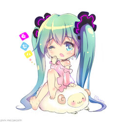  bad_id bad_pixiv_id barefoot chibi female green_eyes green_hair hatsune_miku long_hair off_shoulder one_eye_closed open_mouth pecorin photoshop_(medium) scrunchie sheep sitting solo strap_slip twintails very_long_hair vocaloid white_background yawning 