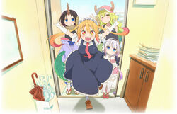  4girls :d ;) arms_up baseball_cap beads black_bow black_hairband blonde_hair blue_eyes blunt_bangs blush bow bow_hairband breasts brown_footwear brown_hair cabinet closed_mouth closed_umbrella doorway dragon_girl dragon_horns dragon_tail elbow_gloves elma_(maidragon) floating_hair frills gloves gradient_hair hair_beads hair_ornament hairband hairbow hand_up happy hat head_tilt highres horns horns_through_headwear japanese_clothes kadowaki_miku kanna_kamui key_visual kobayashi-san_chi_no_maidragon large_breasts large_tail long_hair looking_at_viewer lucoa_(maidragon) maid maid_headdress multicolored_hair multiple_girls necktie official_art one_eye_closed open_mouth outstretched_arms pink_hat promotional_art purple_hair red_eyes red_footwear red_necktie running sandals scales shadow shoes short_hair single_horn skirt slit_pupils smile sneakers standing tail tank_top teeth thighhighs tohru_(maidragon) twintails umbrella umbrella_stand upper_teeth_only waving white_gloves white_hair white_legwear yellow_eyes 