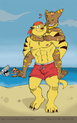  2013 abs anthro ash_(kiriyama1084) bandana beach biceps big_muscles carrying_another chance_furlong clothing detailed_background domestic_cat duo felid feline felis fish fur hanna-barbera jake_clawson kerchief lombax male mammal marine muscular muscular_male navel nipples outside pecs piggyback ratchet_and_clank rthur sand seaside shark sky smile sony_corporation sony_interactive_entertainment swat_kats swimming_trunks swimwear water 