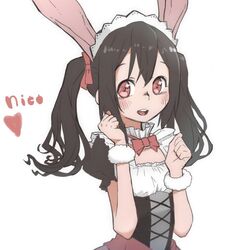  animal_ears black_hair blush bow character_name commentary_request female hairbow long_hair looking_at_viewer love_live! love_live!_school_idol_project maid_headdress mogyutto_&quot;love&quot;_de_sekkin_chuu! open_mouth rabbit_ears red_eyes smile solo susinoyama twintails wristband yazawa_nico 