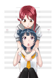  2girls :o bad_id bad_pixiv_id black_pantyhose blue_hair blunt_bangs brown_eyes commentary_request eye_contact grey_skirt hair_bun hair_ornament hairclip highres hug hug_from_behind knees_up long_hair looking_at_another looking_down looking_up love_live! love_live!_sunshine!! multiple_girls neckerchief open_mouth pantyhose photoshop_(medium) pink_eyes red_hair rurie_(lourie) sakurauchi_riko school_uniform serafuku sheet_music shirt short_sleeves single_hair_bun single_side_bun sitting skirt standing tareme translation_request tsushima_yoshiko uranohoshi_school_uniform white_shirt yellow_neckerchief 