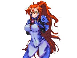  ahoge bad_link blush bodysuit breasts colorized crotch_plate female fortified_suit gun-dere heart large_breasts long_hair muv-luv navel parody pilot_suit ponytail red_hair revision skin_tight smile solo tengen_toppa_gurren_lagann very_long_hair yellow_eyes yoko_littner 