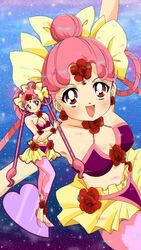  amazons_quartet bikini bikini_top_only bindi bishoujo_senshi_sailor_moon bishoujo_senshi_sailor_moon_supers blue_background bow cerecere_(sailor_moon) clone commentary_request dual_persona female flower hair_bun hair_flower hair_ornament hair_rings hairbow heart highres itou_ikuko_(style) long_hair midriff mikiky multiple_hair_bows navel official_style pink_hair pink_legwear red_eyes red_flower red_rose rose sandals single_hair_bun skirt smile sparkle swimsuit twintails yellow_bow yellow_skirt 