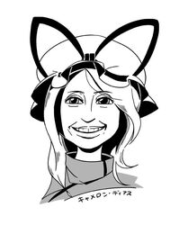  bkub bow cameron_diaz commentary_request cosplay female greyscale hat monochrome portrait ribbon simple_background smile solo touhou translated yakumo_yukari yakumo_yukari_(cosplay) 