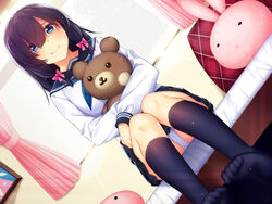  :3 :x bed bed_sheet black_hair black_skirt black_socks blue_eyes blue_neckerchief blush bow commentary_request curtains day dutch_angle female hair_between_eyes hair_ribbon hairbow horosuke indoors kneehighs long_hair looking_at_viewer neckerchief no_shoes on_bed original panties pantyshot pillow pink_bow plaid plaid_pillow rabbit-shaped_pillow ribbon school_uniform serafuku shirt sitting skirt smile socks solo stuffed_animal stuffed_toy teddy_bear toe_scrunch tress_ribbon underwear upper_body upskirt white_panties white_shirt window 