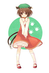  animal_ears bad_id bad_pixiv_id bloomers blush bow brown_eyes brown_hair cat_ears cat_tail chen dress earrings female hat highres jewelry momoyama_nozomu multiple_tails short_hair smile solo tail touhou underwear v_arms 