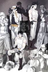  3boys 60_(klioo1) black_hair blindfold chains commentary_request gakuran hat highres jojo_no_kimyou_na_bouken jonathan_joestar joseph_joestar joseph_joestar_(young) kujo_jotaro male_focus multiple_boys school_uniform statue 