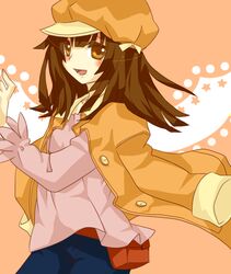  bad_id bad_pixiv_id bakemonogatari brown_eyes brown_hair cabbie_hat commentary_request female hat jacket jacket_on_shoulders monogatari_(series) narina sengoku_nadeko short_hair solo 