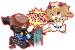  2girls :d arm_up belt black_coat black_scarf blonde_hair blue_eyes blush boots brown_footwear brown_hair chibi clenched_hands coat commentary_request cranberry_(mahoiku) flower full_body green_legwear hair_between_eyes hair_flower hair_ornament hair_over_one_eye houshi long_sleeves looking_at_another mahou_shoujo_ikusei_keikaku mahou_shoujo_ikusei_keikaku_unmarked multiple_girls oerba_yun_fang on_one_knee open_mouth outline outstretched_arm outstretched_leg red_eyes red_flower red_rose rose scarf short_hair short_hair_with_long_locks simple_background sleeves_past_wrists smile v-shaped_eyebrows vs wall weiss_winterprison white_background 