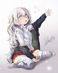  arm_support bandaged_leg bandages bangs black_jacket blue_eyes blush collared_shirt commentary_request dress_shirt eyebrows_visible_through_hair full_body girls_frontline gradient gradient_background grey_background grey_hair hair_between_eyes jacket long_hair long_sleeves looking_away off_shoulder open_mouth outstretched_arm pleated_skirt red_skirt ribeyrolles_1918_(girls_frontline) shirt signature sitting skirt snowru solo thighhighs very_long_hair wariza white_background white_shirt 