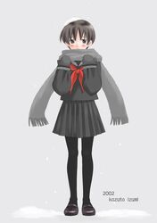  2002 artist_name black_eyes black_footwear black_hair black_mittens black_pantyhose black_sailor_collar black_serafuku black_shirt black_skirt blush closed_mouth copyright_request female fringe_trim full_body grey_scarf half-closed_eyes hands_up kazuto_izumi light_smile looking_at_viewer mary_janes miniskirt mittens neckerchief pantyhose pleated_skirt red_neckerchief sailor_collar scarf school_uniform serafuku shirt shoes short_hair skirt slim_legs snow snow_on_head snowing solo standing winter_clothes 