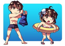  1boy :o ahoge barefoot bikini blush breasts brother_and_sister brown_eyes brown_hair enoo female frown hair_ornament hairpin innertube kresnik_ahtreide open_mouth ribbon sandals school_swimsuit short_hair shorts siblings simple_background small_breasts swim_ring swimsuit wild_arms wild_arms_4 yulie_ahtreide 