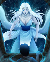  blue_dress blue_eyes blue_lipstick breasts circlet cleavage collarbone dress female large_breasts lipstick long_hair makeup roland-gin smile the_snow_queen the_snow_queen_(character) white_hair white_skin window 