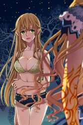  2girls bare_shoulders blonde_hair breasts cleavage collarbone flint_(sword_girls) frills frown green_eyes long_hair lowres medium_breasts muhwa multiple_girls night outdoors photoshop_(medium) pointy_ears shorts standing star_(symbol) sword_girls tattoo treanna very_long_hair wavy_hair 