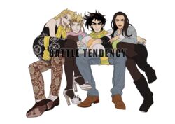  2boys 2girls 60_(klioo1) alternate_costume battle_tendency black_hair blonde_hair boots caesar_anthonio_zeppeli commentary_request contemporary jojo_no_kimyou_na_bouken joseph_joestar joseph_joestar_(young) lisa_lisa multiple_boys multiple_girls pantyhose scarf snake_print suzi_q 