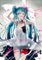  aqua_eyes aqua_hair artist_name asahi_kuroi bandages bare_shoulders blurry blush byoumei_wa_ai_datta_(vocaloid) collarbone commentary_request cowboy_shot dress female hair_ribbon hatsune_miku highres long_hair one_eye_closed open_mouth purple_ribbon ribbon signature solo song_name sundress tears twintails very_long_hair vocaloid white_dress 