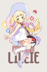  bad_id bad_pixiv_id bag blonde_hair blunt_bangs blush boots braid character_name commentary copyright_name dress female flower green_eyes hat lillie_(pokemon) long_hair poke_ball poke_ball_(basic) pokemon pokemon_sm sleeveless sleeveless_dress solo sun_hat symbol-only_commentary twin_braids white_dress white_footwear white_hat yotte 