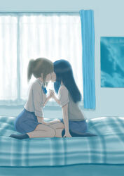  2girls bad_id bad_pixiv_id black_hair blue_skirt bow bowtie brown_hair commentary_request curtains from_side fukushima_uichi highres holding_hands interlocked_fingers kissing light long_hair multiple_girls on_bed original ponytail poster_(object) school_uniform shirt short_sleeves sitting skirt white_shirt yuri 