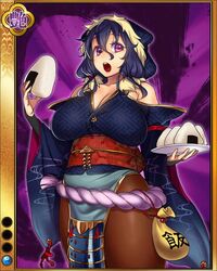  aouma bare_shoulders blue_hair breasts cleavage female food houjou_ujimasa_(sengoku_bushouki_muramasa) jpeg_artifacts kikumon large_breasts long_hair looking_at_viewer official_art onigiri open_mouth pantyhose pink_eyes sayagata sengoku_bushouki_muramasa solo 