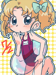  blonde_hair blue_eyes blush commentary_request female ojamajo_doremi one-piece_swimsuit open_mouth rapisu solo swimsuit twintails wada_mint 