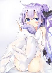  azur_lane blue_eyes blush commentary dombear dress feet female hair_bun highres long_hair looking_to_the_side no_shoes panties purple_hair single_hair_bun sitting soles solo stuffed_unicorn thighhighs toes underwear unicorn_(azur_lane) white_dress white_panties white_thighhighs 