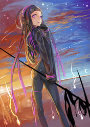  ass bad_id bad_pixiv_id black_gloves black_hair bodysuit crescent_moon female gloves headwear_request highres long_hair looking_at_viewer mila_(yuta27315) moon photoshop_(medium) pixiv_fantasia pixiv_fantasia_t purple_eyes sailor_collar solo 