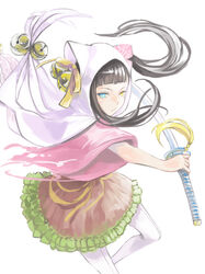  bad_id bad_pixiv_id bell black_hair blunt_bangs female heterochromia holding holding_sword holding_weapon hood katana long_hair looking_at_viewer mila_(yuta27315) mole mole_under_eye original photoshop_(medium) simple_background solo sword weapon white_background white_legwear 