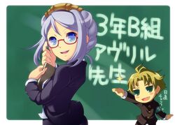  1boy alternate_costume avril_vent_fleur blonde_hair blue_eyes blush book buttons chalkboard chibi chuck_preston enoo female formal glasses green_background green_eyes grey_hair hairband open_mouth short_hair sidelocks simple_background skirt skirt_suit smile suit teacher uniform wild_arms wild_arms_5 