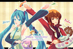  1boy aqua_eyes aqua_hair brown_eyes brown_hair commentary_request detached_sleeves duel_academy_uniform_(yu-gi-oh!_gx) duel_disk duel_monster female food happy_birthday hatsune_miku headset highres letterboxed li_jing long_hair megurine_luka open_mouth photoshop_(medium) pink_hair school_uniform short_hair spring_onion takoluka tempura twintails very_long_hair vocaloid winged_kuriboh yu-gi-oh! yu-gi-oh!_gx yuki_judai 