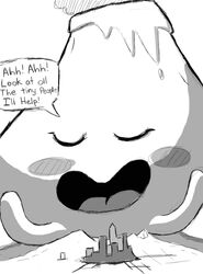  2015 acrii ambiguous_gender blush city closed_eyes dialogue english_text greyscale macro monochrome monster open_mouth smoke solo speech_bubble text undertale undertale_(series) volcano vulkin 