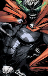  1boy cape commentary_request glowing glowing_eyes image_comics jinbei male_focus muscular skull solo spawn_(comic) spawn_(spawn) 