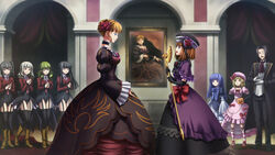  1boy 6+girls artist_request beatrice_(umineko) belphegor_(umineko) beret boots dress eva_beatrice frederica_bernkastel game_cg garter_straps hat highres lambdadelta leviathan_(umineko) lucifer_(umineko) multiple_girls necktie photoshop_(medium) pink_headwear pink_necktie portrait_(object) ronove_(umineko) satan_(umineko) showgirl_skirt stakes_of_purgatory thighhighs umineko_no_naku_koro_ni 