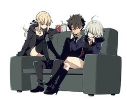  1boy 2girls ahoge artoria_pendragon_(fate) black_hair blonde_hair boots breasts business_suit cleavage commentary_request couch cross cross_necklace fate/grand_order fate/stay_night fate_(series) food formal french_fries fujimaru_ritsuka_(male) fujimaru_ritsuka_(male)_(royal_brand) fur_trim grey_hair high_heel_boots high_heels imigimuru jacket jeanne_d&#039;arc_alter_(fate) jeanne_d&#039;arc_alter_(ver._shinjuku_1999)_(fate) jewelry medium_breasts multiple_girls necklace necktie official_alternate_costume ponytail saber_alter saber_alter_(ver._shinjuku_1999)_(fate) simple_background sitting sitting_on_object small_breasts suit white_background yellow_eyes 