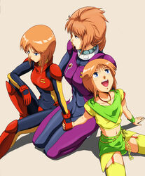  3girls beige_background black_bodysuit blue_eyes bodysuit clone collarbone commentary_request elpeo_puru enfuku garter_straps gloves gundam gundam_unicorn gundam_zz holding_hands jewelry long_hair looking_away marida_cruz midriff multiple_girls navel necklace open_mouth orange_hair pilot_suit purple_bodysuit puru_two seiza shadow short_hair siblings sidelocks simple_background sisters sitting thighhighs uniform wristband yellow_legwear 