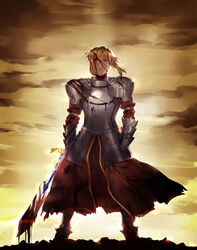  armor blonde_hair blood blood_on_face blood_on_weapon clarent_(fate) commentary_request fate/apocrypha fate_(series) female highres long_hair lsunl mordred_(fate) mordred_(fate/stay_night) photoshop_(medium) solo sword weapon 