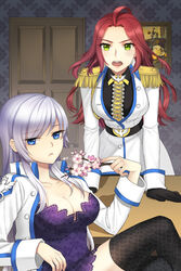  2girls ahoge belt beuliseuka black_legwear blue_eyes breasts cleavage collarbone door epaulettes flower frown gloves green_eyes holding jacket jaina_preventer large_breasts long_hair lowres multiple_girls open_mouth parted_bangs photoshop_(medium) purple_hair red_hair sigma_(sword_girls) sitting standing swept_bangs sword_girls thighhighs wavy_hair 