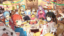  &gt;_&lt; 1boy 6+girls :q :t ahoge anniversary black_hair black_legwear blazer blue_hair bow braid breasts brown_hair cake cleavage closed_mouth collarbone commentary cornelia_(girl_cafe_gun) couch creamer_(vessel) crop_top cropped_jacket crossed_legs cup curly_hair d: facial_hair fang_out feline food girl_cafe_gun goatee green_eyes hair_bun hair_ornament hair_rings hair_scrunchie hairbow hakama hakama_short_skirt hakama_skirt heart highres holding holding_cup holding_food indoors jacket japanese_clothes jitome juno_emmons kikuri_yuki large_breasts linfi-muu living_room long_hair looking_back midriff miko miniskirt multiple_girls nola_moon_(girl_cafe_gun) oerba_yun_fang off-shoulder_shirt off_shoulder on_couch one_eye_closed one_side_up open_mouth orange_hair out_of_frame parfait pastry photobomb pleated_skirt pov purple_eyes purple_hair rimless_eyewear rococo_(girl_cafe_gun) sandwich saucer scrunchie shirt short_hair side_ponytail sidelocks single_hair_bun single_side_bun sitting skirt sleeves_past_elbows spoken_squiggle spoon squiggle striped_clothes striped_shirt su_xiaozhen tareme teacup teapot teeth thighhighs thought_bubble tiered_tray tongue tongue_out v-shaped_eyebrows wavy_hair white_scrunchie white_skirt wide_sleeves yellow_bow 