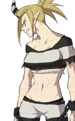  bad_id bad_pixiv_id bare_shoulders blue_eyes breasts crop_top cuffs female ganno groin highres horns long_hair looking_to_the_side medium_breasts midriff pointy_ears ponytail prison_clothes scar scythana serious shackles sharp_teeth shirt single_horn skullgirls solo striped_clothes striped_shirt teeth 