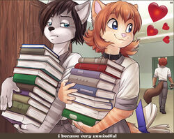  anthro better_version_at_source blue_eyes book brown_hair carrying_another clothed clothing collar distracted domestic_cat duo_focus edgar_(iskra) english_text felid feline felis female group hair heart_symbol iskra konrad_zengel looking_back male mammal orange_hair pawpads pink_nose school school_uniform tabby_cat text uniform vera_(iskra) whiskers 