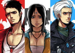  2boys black_hair blue_eyes bruise column_lineup commentary_request dante_(dmc:_devil_may_cry) devil_may_cry_(series) dmc:_devil_may_cry exaxuxer female hair_slicked_back injury jewelry kat_(devil_may_cry) multiple_boys necklace parted_bangs pentagram upper_body vergil_(dmc:_devil_may_cry) white_hair 