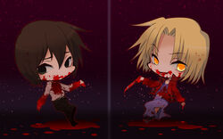  blonde_hair blood blood_stain brown_hair chibi commentary_request dual_persona female jacket kara_no_kyoukai kari_(cocktail_box) knife red_jacket shirazumi_lio shirazumi_lio_(young) yellow_eyes 